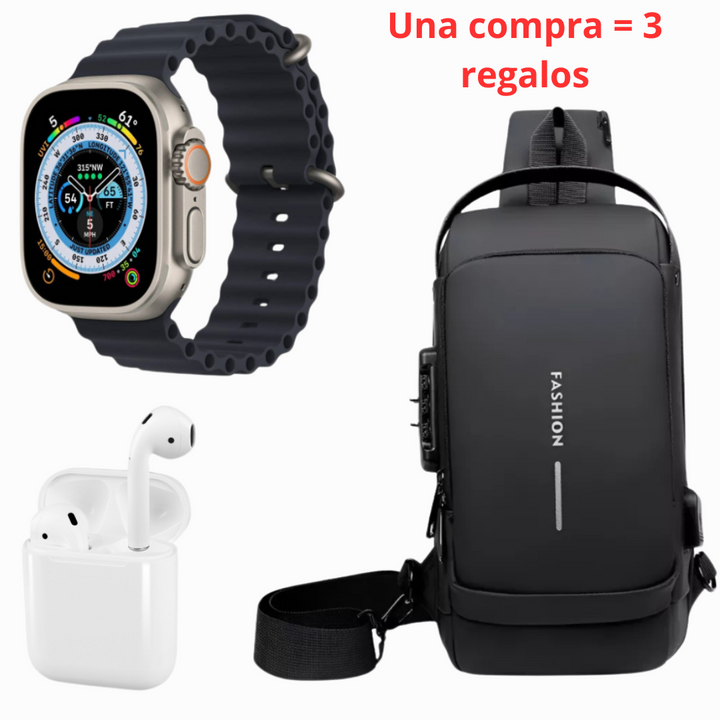 Súper Combo = Mochila Antirrobo + Reloj T800 Ultra + Auriculares I12